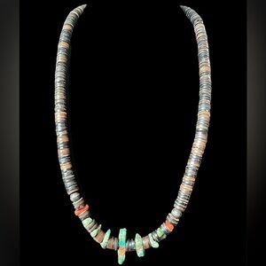 Vintage Long Turquoise Red Coral Coconut Shell Heishi Bead Necklace 22”